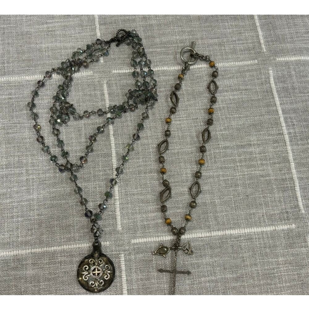 Lot of 2 Cross Necklaces Beaded Rosary Style Crystal Pendant Costume Jewelry